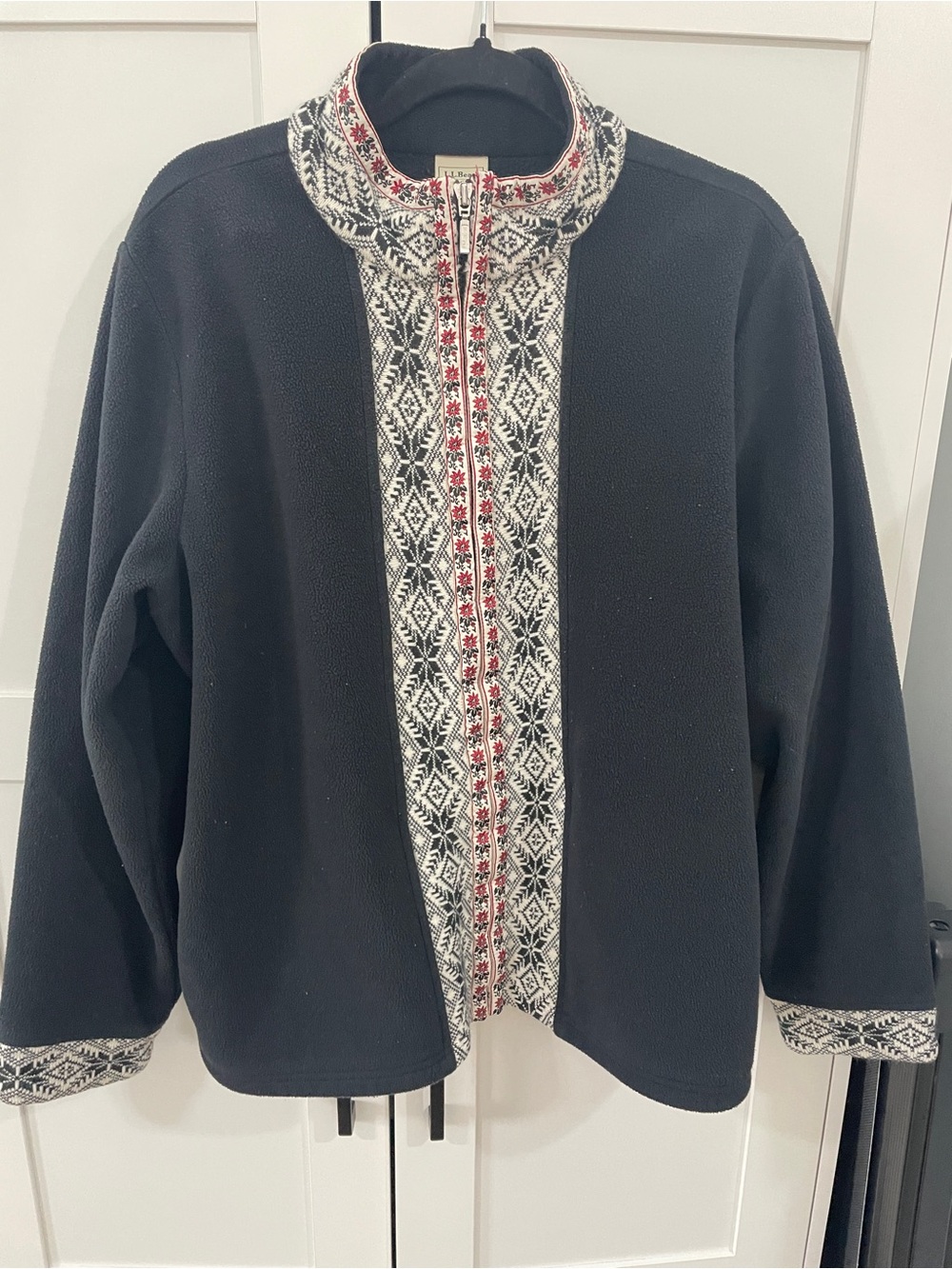L.L. Bean Black Zip-Front Women's Fleece with Nordic Trim Vintage Y2K